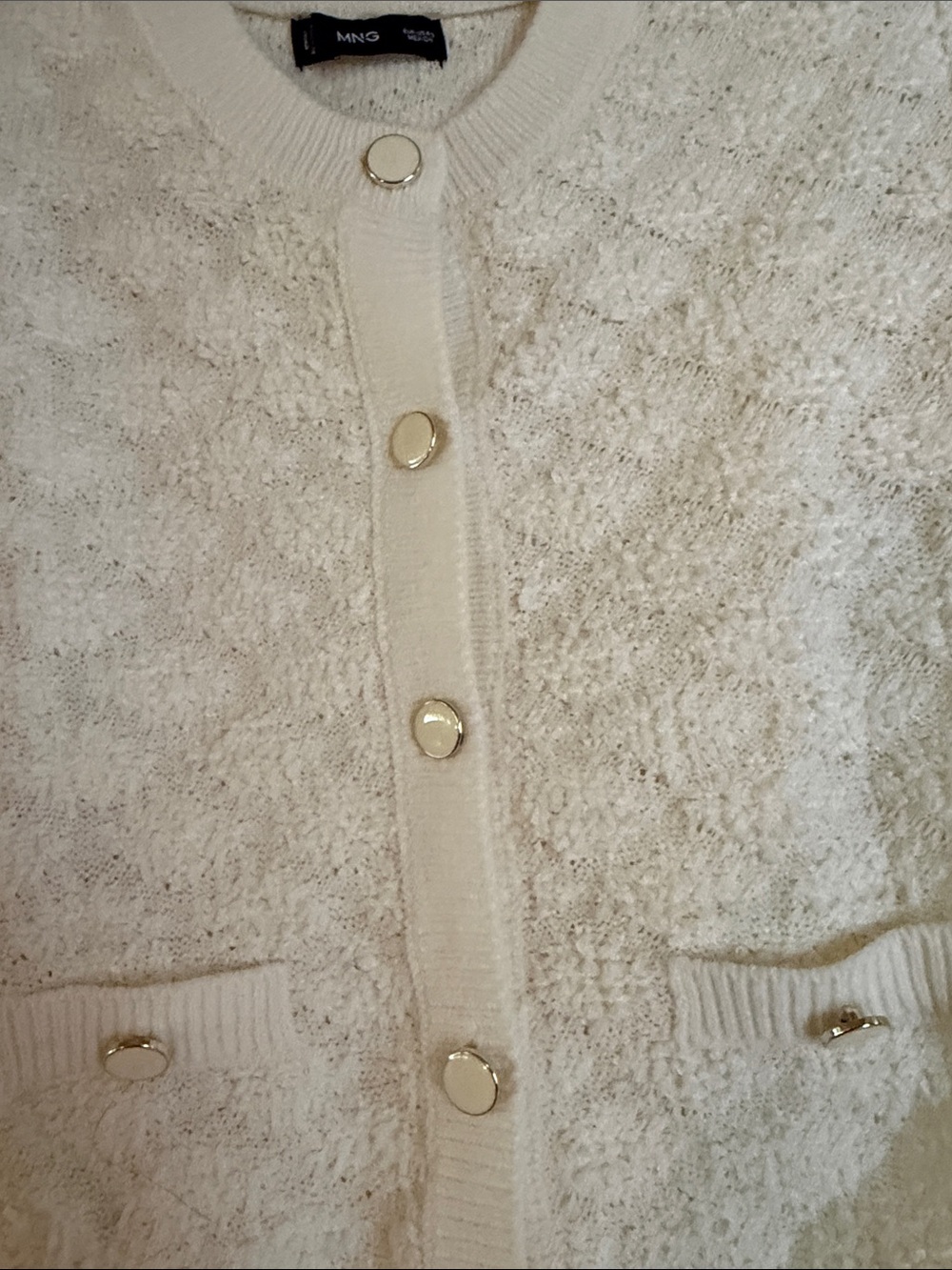 Mango Cream Textured Teddy Cardigan with Gold Buttons - Picture 3 of 8